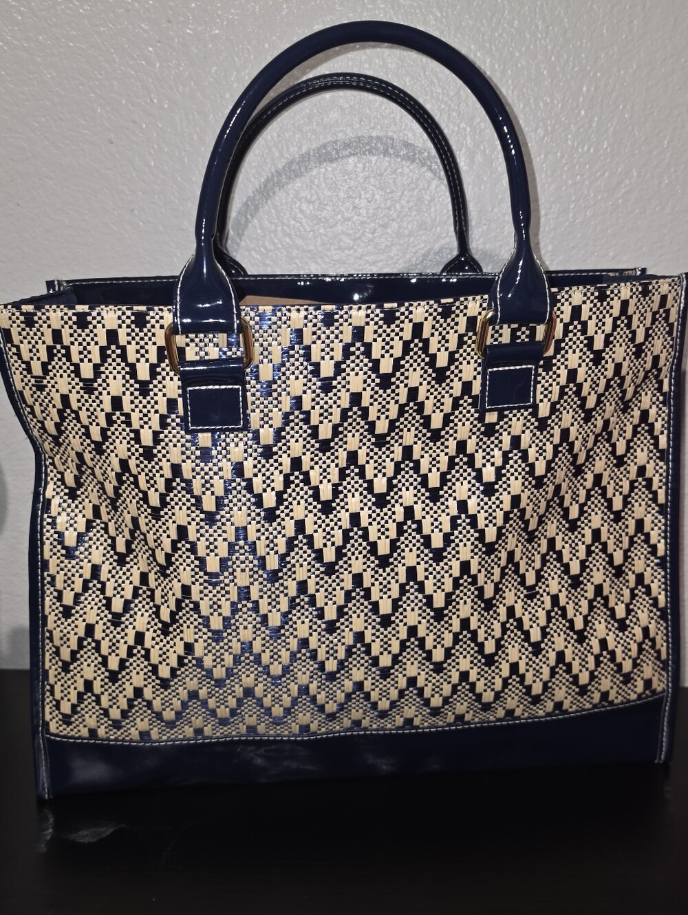 Estee Lauder Tote Bag Navy Blue Straw Woven Chevron Pattern Summer Travel Large